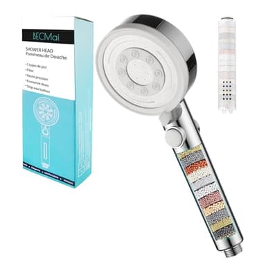 BECMAI Duschkopf mit Filter Kalk, Hochdruck Duschkopf, Kalkfilter Wassersparend Duschbrause, Filtered Shower Head for Hard Water, Handbrause mit Stoppfunktion, 5 Modes Jets, Starker Strahl, Chrom Weiß
