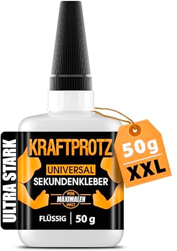 Sekundenkleber extra stark – XXL 50 g Superkleber für präzise Reparaturen – transparent, wasserfest, hitzebeständig – KRAFTPROTZ Alleskleber für Holz, Metall, Kunststoff, Glas, DIY & Modellbau