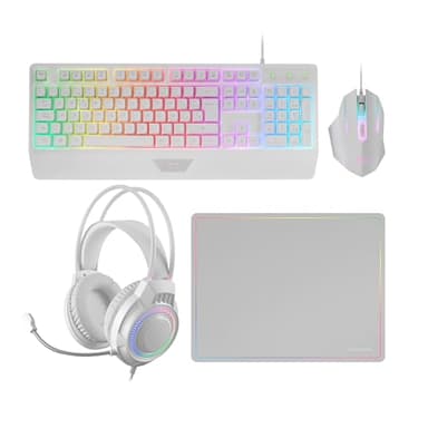 Mars Gaming MCP124PRO, Gaming-Combo 4in1, RGB H-Mech-Tastatur mit Handballenauflage, RGB-Maus 3200DPI HUANO-Schalter, FRGB-Headset, Nanotextil-Mauspad 36x26cm, Multiplattform, Portugiesisch, Weiß
