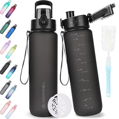 AOPREL Trinkflasche 1l, Trinkflasche Sport Tritan & BPA-Frei Wasserflasche Mit Filter und Bürste, Auslaufsicher Sportflasche Für Fitness, Wandern, Camping, Schule und Büro