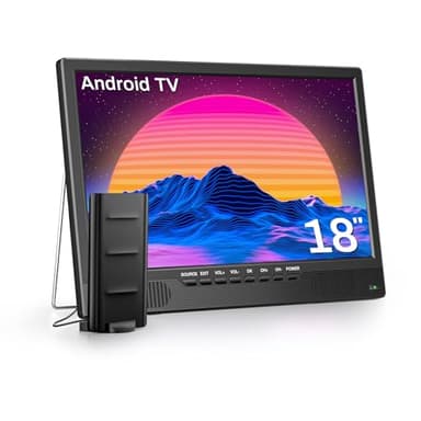 DESOBRY 18 Zoll Smart TV Android, Kleiner Fernseher DVB-T2-Tuner und, 1080p Tragbarer Outdoor Fernseher integriertem Ständer, 12V TV für Wohnmobil/Schlafzimmer/Küche/Campingplatz/Wohnmobil