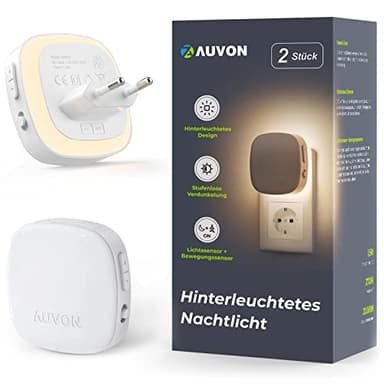 AUVON Nachtlicht Steckdose mit Bewegungssensor und Dämmerungssensor, 2 Stück Warmweißes LED hinterleuchtete Nachtlicht mit 1-50 lm, Helligkeit Einstellbar für Flur, Treppe, Schlafzimmer