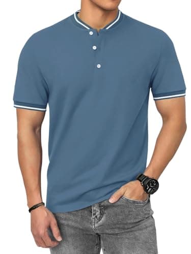 HMIYA Poloshirt Herren Kurzarm Atmungsaktiv Baumwolle Sommer Henley Knopfleiste Kontrastierender Einfassung Basic Golf T-Shirts