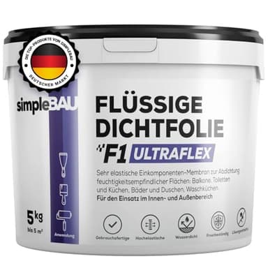simpleBAU Flüssigfolie Dichtfolie F1 Ultraflex 5 kg – Gebrauchsfertige Abdichtfolie & Flüssigabdichtung für Innen & Außen, Dusche, Bad, Balkon & Terrasse – Wasserdicht, Elastisch & Frostsicher