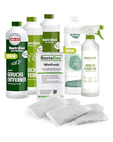 BactoDes Geruchskiller-Kennenlern-Set I 5 Spezialreiniger mit Mikroorganismen für porentiefe & nachhaltige Geruchsbeseitigung I Für Haushalt, Tierbereich, Auto & mehr I Inkl. Mischflasche & MiniFresh