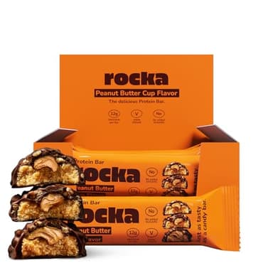 Rocka Nutrition Protein Bar I Veganer Proteinriegel mit 12 g Protein/Riegel I zuckerreduziert I voller Geschmack I 12 x 50g einzeln verpackte No Whey Bars (Peanut Butter Cup)