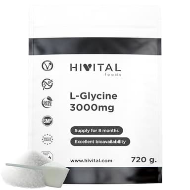 Glycin 3000 mg pro Dosis. 720 g. pro Pack für eine 8-monatige Behandlung. Reine, 100% vegane L-Glycin-Aminosäure. Hergestellt von HIVITAL