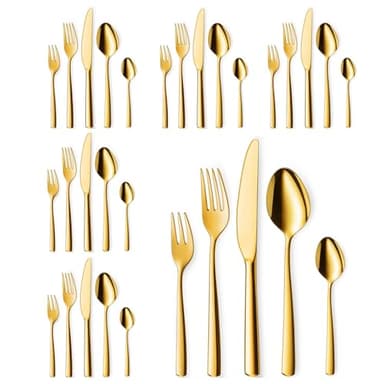 Targzier Goldenes Besteck Set 6 Personen, 30 teilig Besteck Set Gold aus Edelstahl, Glänzendes Goldenes Besteckset mit Messern, Gabeln und Löffeln, Besteck Spülmaschinenfest