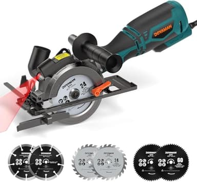 DOVAMAN Mini Handkreissäge, 710W 115mm Handkreissäge w/Laser, 3500RPM, Metall-Hilfsgriff, 43mm (90°), 29mm (45°) Schnitttiefe, 6 Sägeblätter, ideal für Holz, Weichmetall, Kunststoff, Fliesen–MCS01A