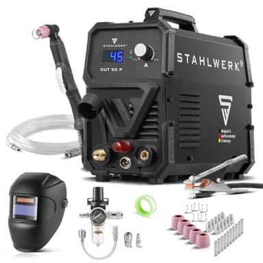 STAHLWERK Plasmaschneider CUT 50 P – Vollausstattung – Plasmaschneidgerät mit 15 bis 45 A, Schneidleistung bis 15 mm, Plasma Cutter mit HF-Pilotzündung, Smart-Kühlung, einfache Bedienung, viel Zubehör