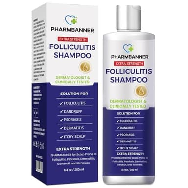 PHARMBANNER Shampoo gegen Follikulitis & seborrhoische Dermatitis – gegen Schuppen, Psoriasis & juckende Kopfhaut – beruhigt Rötungen, Schuppenbildung & Reizungen – 250 ml
