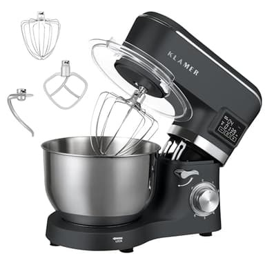KLAMER Küchenmaschine Classic 1400 W – 5,5 L Rührschüssel aus Edelstahl, Knet-, Rühr- & Schneebesenaufsatz, Timer & LED-Display, stabile Saugnapffüße, ideal für Brot-, Kuchen- & Pizzateig