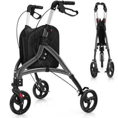 COSTWAY Rollator schmal für Wohnung, Dreirad, faltbar und leicht, Gehhilfe 6-fach höhenverstellbar, Gehwagen mit Tasche & Bremse, Aluminiumrahmen, klappbar für Senioren & Erwachsene (Grau)