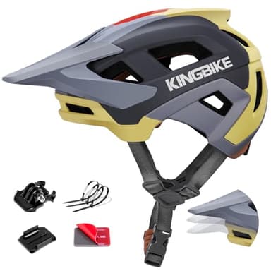 KINGBIKE MTB-Helm mit verstellbarem Visier & Action-Kamera-Halterung NTA-8776 E-Bike-zertifizierter Mountainbike-Helm für Erwachsene Herren Damen Downhill-Cycling (Grau Khaki, L)