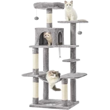 MSmask Kratzbaum groß, L Katzenbaum Stabil, Katzenkratzbaum mit Plattformen, Katzenhöhlen, Hängematte, Sisalsäulen, mehrstöckiger Kletterbaum für Katzen (Hellgrau)