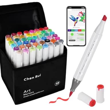 Chen Rui 48 Farben Alkohol Marker Pinselspitze mit App, Doppelspitze (Pinsel & Meißel) Alcohol Marker für Erwachsene und Kinder, Alkoholmarker für Malen, Skizzieren und Zeichnen
