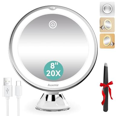 Auxmir Kosmetikspiegel mit Beleuchtung 20X, Wiederaufladbar Schminkspiegel Vergrößerungsspiegel, 3 Farben Modi, 20X Vergrößerung Rasierspiegel mit Saugnapf, 360° Drehbar für Zuhause Reise Bad, 8 Zoll