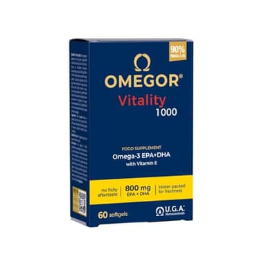 Omegor Vitality 1000 – Nahrungsergänzungsmittel mit 90% Omega 3 in Triglyceridform – Vitamin E – Für die Gesundheit von Herz, Sehkraft und Gehirn – IFOS-zertifiziert – Ohne Nachgeschmack – 60 Kapseln