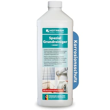 HOTREGA Spezial-Grundreiniger sauer 1 Liter Konzentrat| Zur Entfernung von Zementschleier, Kalkverkrustungen & Grauschleier auf Fliesen, Feinsteinzeug