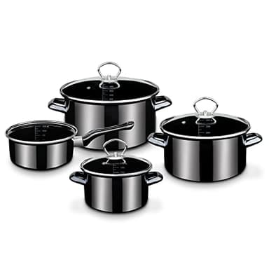 GSW Kochtopf-Set Profi-Black-Star – hochwertiges Topfset bestehend aus 3 Töpfen und 1 Kasserolle, inkl. Deckel, auch für Induktion – Stahl-Emaille, 7-teilig