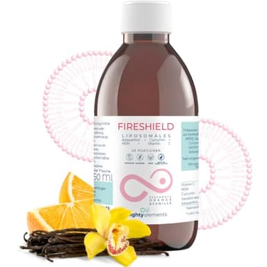 Mighty Elements Liposomales Fireshield 4 in 1, Astaxanthin 8 mg,Curcumin 100 mg,MSM 500 mg, Vitamin C 500 mg, Orange- / Vanille Geschmack, Vegan, Glutenfrei, hohe Bioverfügbarkeit 250ml