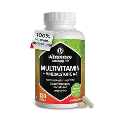 Multivitamin Kapseln hochdosiert, 23 wertvolle Vitamine A-Z & Mineralien, 120 vegetarische Kapseln für 4 Monate, Vitalstoffe & Spurenelemente optimal kombiniert