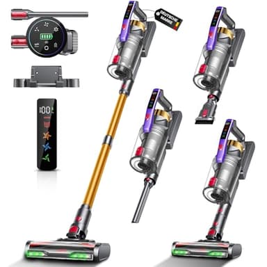 Akku Staubsauger Kabellos, 58KPa/550W/50Mins Akkustaubsauger mit LED-Display und Anti Tangle Bürste, 1,8L Kabelloser Staubsauger, Vacuum Cleaner für Tierhaare/Teppiche/Hartböden/Auto, Grau & Gold