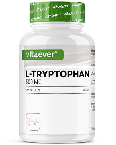 L-Tryptophan - hochdosiert mit 500mg je Kapsel - 365 vegane Kapseln - 12 Monate Reichweite - Aus pflanzlicher Fermentation - ohne unnötige Zusätze, vegan