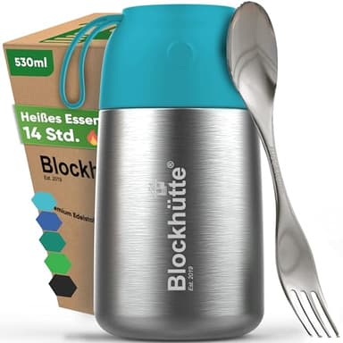 Blockhütte Edelstahl Thermo Lunchbox I 530 ml Essen mit Göffel - Thermobecher Essen To Go auslaufsicher