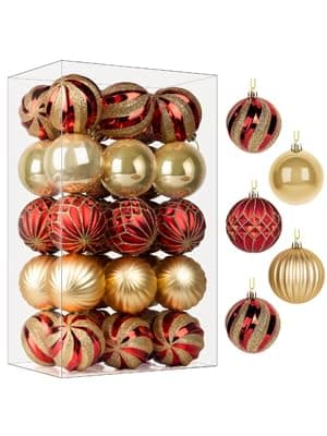 SHareconn 30ct/ 60mm Weihnachtskugeln Ornamente, bruchsichere für Weihnachtsbaum, farbige Dekoration für Weihnachtsfeier, Baumschmuck Haken enthalten,Gold & Rot