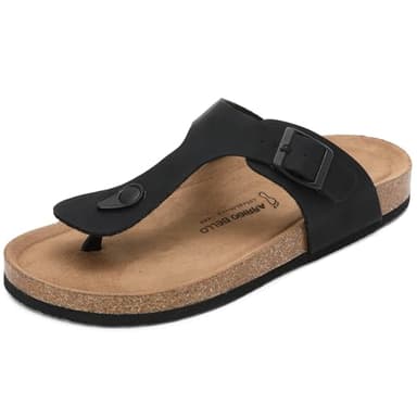 ARRIGO BELLO Herren Zehentrenner Pantoletten Natur Kork Leder Flip Flops Leicht Rutschfest Sommer Slip On Flach Sandalen Verstellbare Schnalle EU 36-46 (D-Schwarz,41)