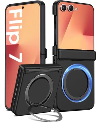 für Samsung Galaxy Z Flip 7 Hülle mit Ständer [Scharnierschutz] [Mit Displayschutz] Kabelloses Laden, Anti-Fingerabdruck, Stoßfest Schutzhülle, Galaxy Z Flip 7 5G Handyhülle Mit 360 Grad Ring Ständer