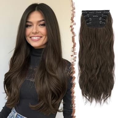 FESHFEN Clip in Extensions, 50cm 4 Stücke Lange Gewellte Hair Extensions Kunsthaar Natürliche 4PCs Synthetik Clip in Haarverlängerung für Frauen, Dunkelbraun