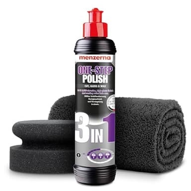 detailmate Handpolitur Auto Set - Menzerna Medium Cut Politur One-Step-Polish 3 in 1, 250ml + Made in Germany Polierschwamm + ultraflausch Mikrofaser Poliertuch 550GSM + 1 Schutzhandschuh