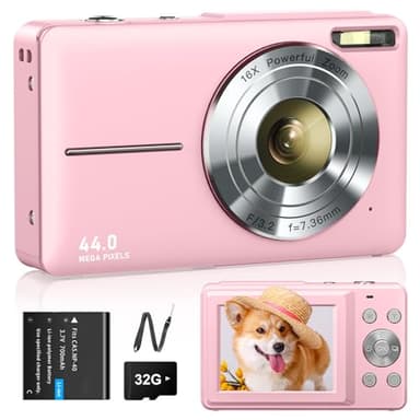 Digitalkamera 1080P Fotokamera 44MP Fotoapparat 16X Digitalzoom mit 32GB Karte 1 Akkus Digitalkamera für Kinder Student Jugendliche Anfänger Rosa
