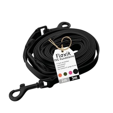 Floxik PVC Hundeleine 3m Schwarz | 4 Längen verstellbare Führleine für mittlere & große Hunde | Schmutz- & Wasserfest | Ideale Umhängeleine für das nächste Abenteuer mit deinem Liebling