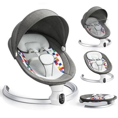 Bluetooth Elektrische Babyschaukel, Upgrade 5-Punkte Geschirr Elektrische Babywippe mit 5 Geschwindigkeiten 3 Timer und 10 Musik, Mobiler APP/Fernbedienung/IMD Panel-Steuerung Babywippen (Dunkelgrau)