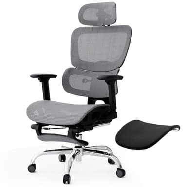 Ergonomischer Bürostuhl Voll-Mesh mit Abnehmbarem Kissen, Fußstütze, Höhenverstellbarem Rückenlehne, Kopfstütze & Armlehnen, Selbstanpassende Lendenstütze, PU-Rollen, 360° Drehbar, 150 kg , Dunkelgrau