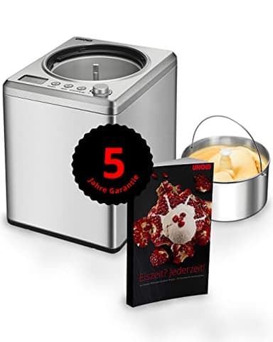 Unold 488809 Eismaschine Profi Plus inkl. Eisbuch mit 101 Rezepten | Speiseeisbereiter 2.5 L, Edelstahl, vollautomatischer, selbstkühlender Kompressor, 250 W