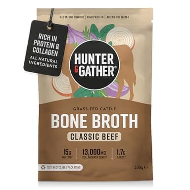 Hunter & Gather Rinder-Knochenbrühe-Pulver | 15g Protein | Kollagen aus europäischem Weide-Rind | Sofortiges herzhafte Getränk oder Koch-Upgrade | Keine Kühlung nötig | Glutenfrei | 400g |
