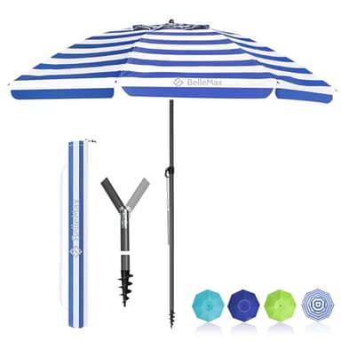 BelleMax Sonnenschirm Strand Windfest Stabil mit Bodenhülse & Schutzhülle 30° knickbar Sonnenschirm klein Rund Strandschirm Gartenschirm Marktschirm Sonnenschutz UV50+ Blaue weiße 180cm