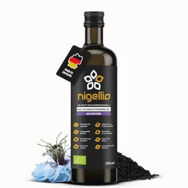 Nigellio® Black Seed Oil Bio Schwarzkümmelöl ungefiltert 250ml – Ägyptisches Schwarzkümmel Öl mit hohem Thymochinongehalt (4.600 mg/kg aus deutscher Ölmanufaktur