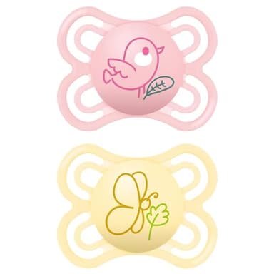 MAM Perfect Schnuller im 2er-Set, für eine gesunde Zahn- und Kieferentwicklung, Baby Schnuller aus nachhaltigen & bio-erneuerbaren Materialien, mit Schnullerbox, 0-6 Monate, Vogel/Schmetterling