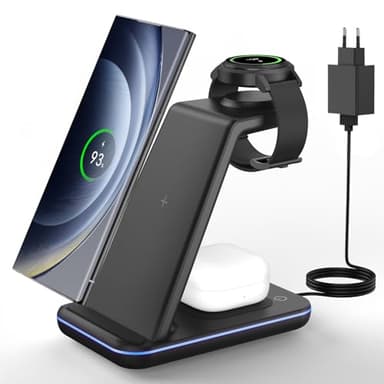 JoyGeek 3 in 1 Induktive Ladestation für Samsung, Wireless Charger für Samsung S25/S24/S23/S22/ZFlip/Fold, Induktionsladegerät für Galaxy Watch Ultra/8-4, Kabelloses Ladegerät für Galaxy Buds-Schwarz