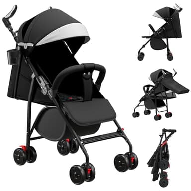 MUL-BOUTIQUE Kinderwagen ab 0-4 Jahre, 0-28 kg,reisebuggy mit liegefunktion，federleichter, kompakter Buggy, 3 Liegepositionen, flache Liegeposition, klein zusammenklappbar, Schultergurt (Schwarz)