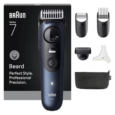 Braun Barttrimmer Series 7, Elektrischer Bartschneider Herren mit 6 Zubehörteile, Ultrascharfe ProBlade Klinge, 120 Min Akkulaufzeit, Kabelloser Bartrasierer, 40 Längen, Wasserdicht, BT7520, Blau