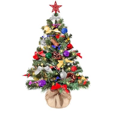 Weihnachtsbaum künstlich (WBD) 90 cm grün mit Weihnachtsdeko bunt und Led Lichterkette mit Batteriebox und Fernbedienung künstlicher Christbaum klein Tannenbaum