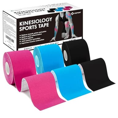 Ceeport Kinesiotapes - 5cm x 5m 3 Rollen Kinesiologie Tape Kinesio Tape und Tape Sport für Knie-, Schulter-, Knöchel-, Plantar-, Gelenk- und Körperstützung | flexibel, wasserdicht & hypoallergen