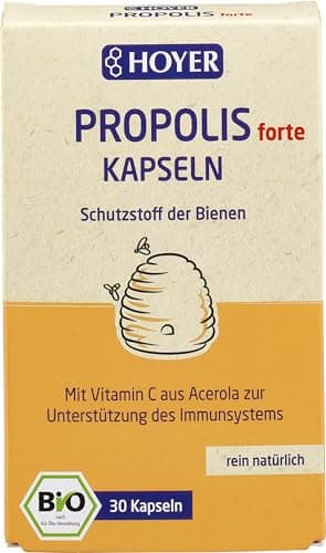HOYER Propolis Kapseln forte Bio - Mit Propolis-Extrakt & Vitamin C - Nahrungsergänzungsmittel zur Unterstützung des Immunsystems - 30 Stück (11,3 g)