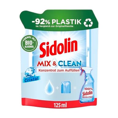 Sidolin Mix & Clean Konzentrat zum Auffüllen Cristal (125 ml), All in 1 Glasreiniger für Sauberkeit, Glanz & Schutz, Fensterreiniger mit Bio-Alkohol, -92% Plastik im Vergleich zur Originalflasche